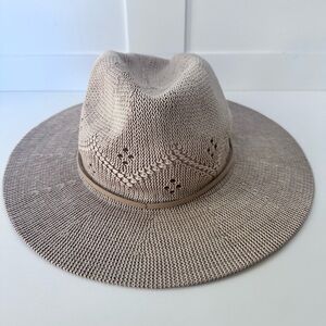 Free People Packable Knit Crochet Beige Fedora Wide Brim Boho Festival Beach Hat